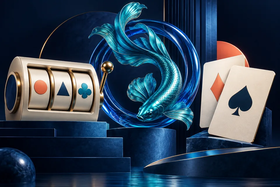 Illustrated slot reels, a turquoise fish and playing cards
